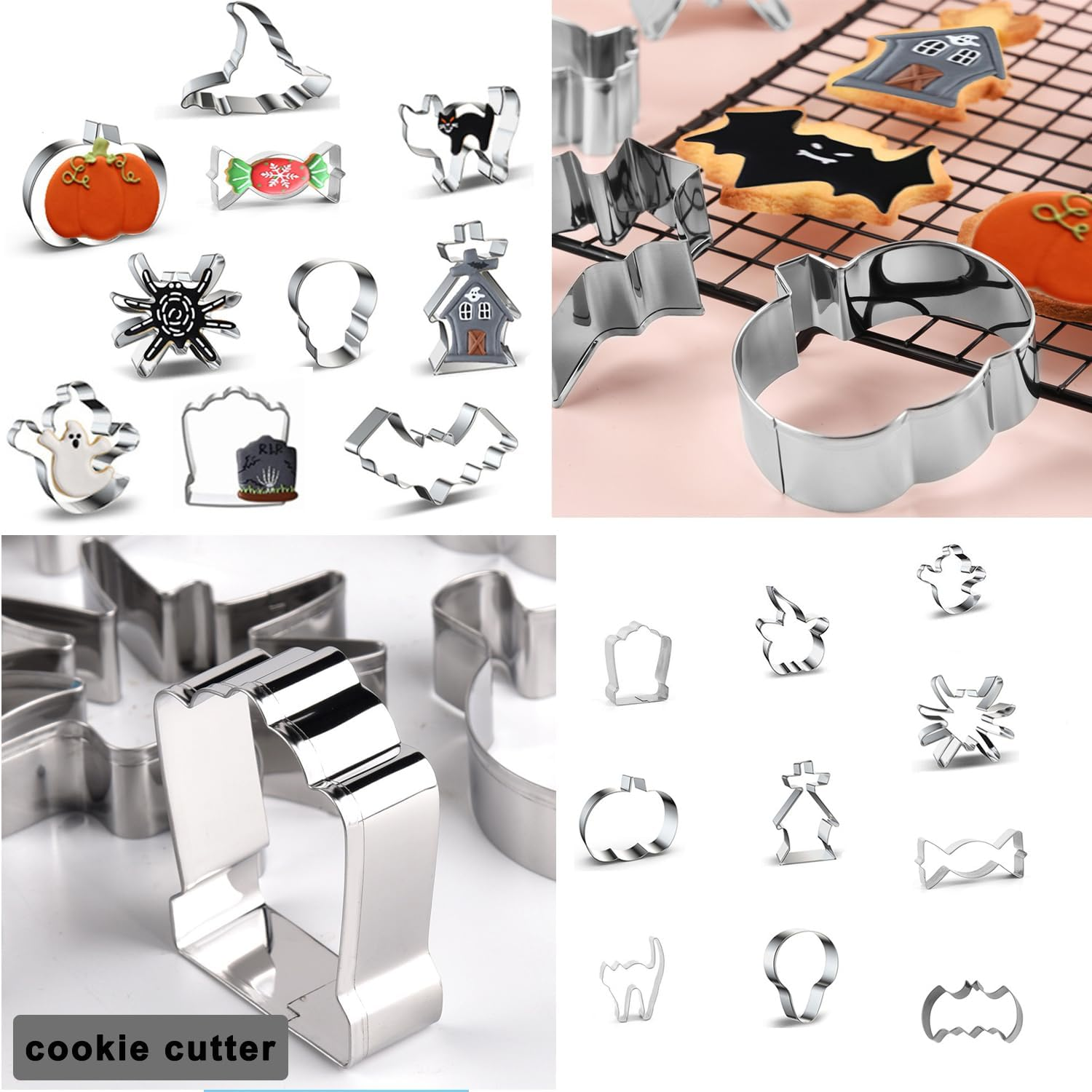 Halloween Stainless Steel Cookie Cutters Set, 10 Piece Metal Cookie Cutters, Halloween Themed Biscuits Cutter Shapes of Pumpkin, Ghosts, Bat, Black Cat, Skull, Spider image number 1