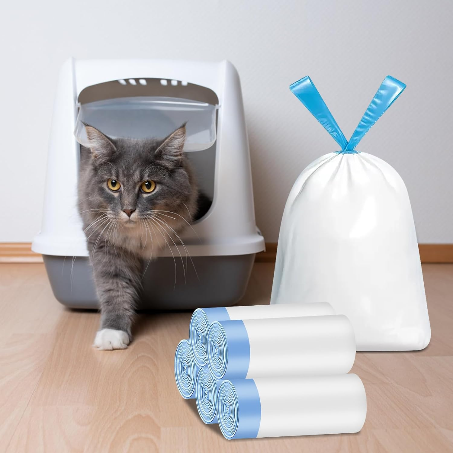 Pack of 75 Bin Bags, Bin Bags with Carry Handle, Cat Litter Box Bags, Self-Cleaning Cat Litter Box with Drawstrings, Biodegradable, Durable, Tear-Resistant, Liquid-Proof, 5 Rolls image number 4