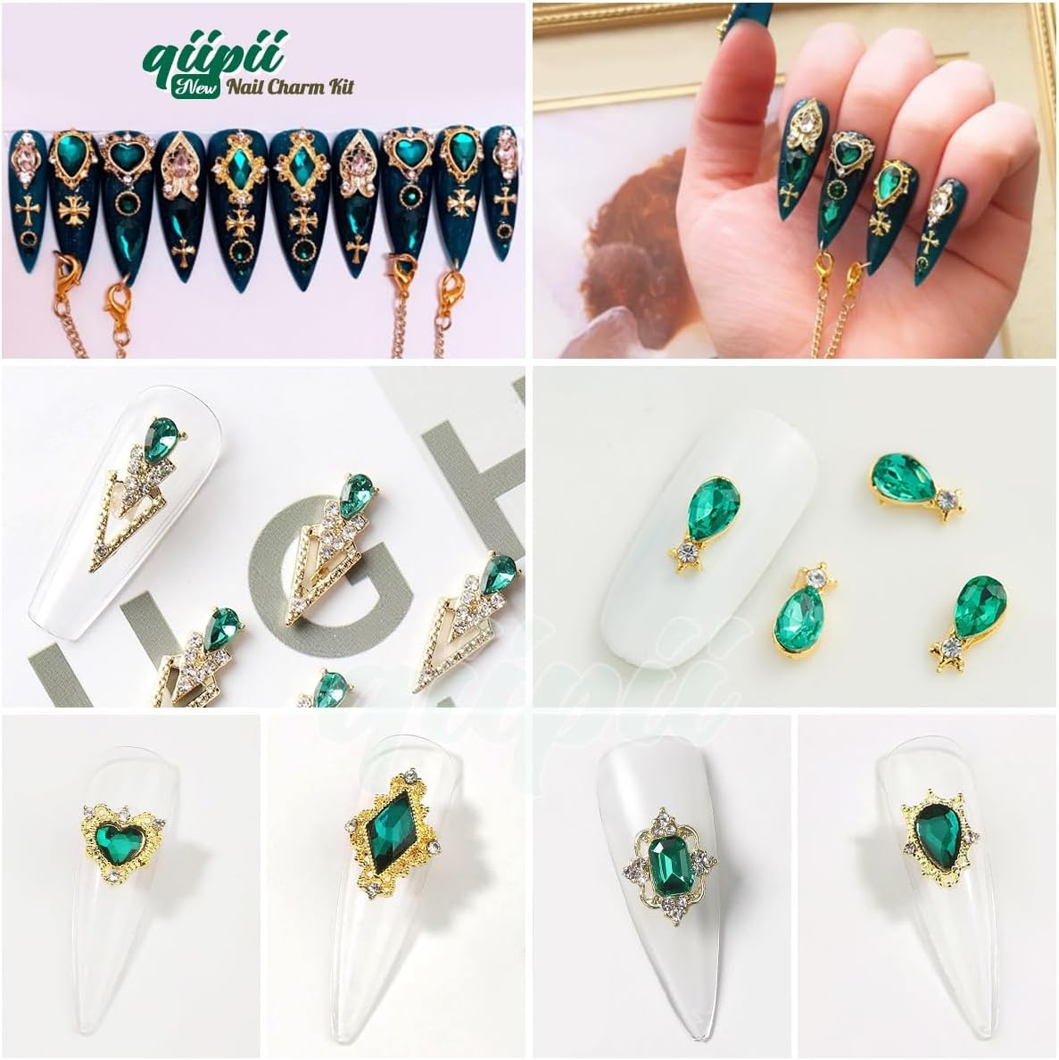 Qiipii 24Pcs 6 Styles Emerald Green Nail Charms Big Luxury Nail Rhinestones Heart Gems Crystals Diamonds Jewelry Jewels Stones Nail Art Studs for Arylic Nails DIY Crafts Clothes Shoe Phones Cardmaking image number 1