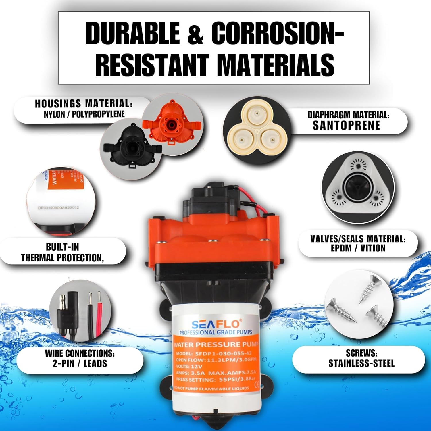 SEAFLO 43-Series Water Pressure Diaphragm Pump - 12V DC, 3.0 GPM, 55 PSI with Adjustable Pressure Switch, Self-Priming, UL & CSA Certified, Quick Attach - for RV, Boat, and Off-Grid Applications image number 5