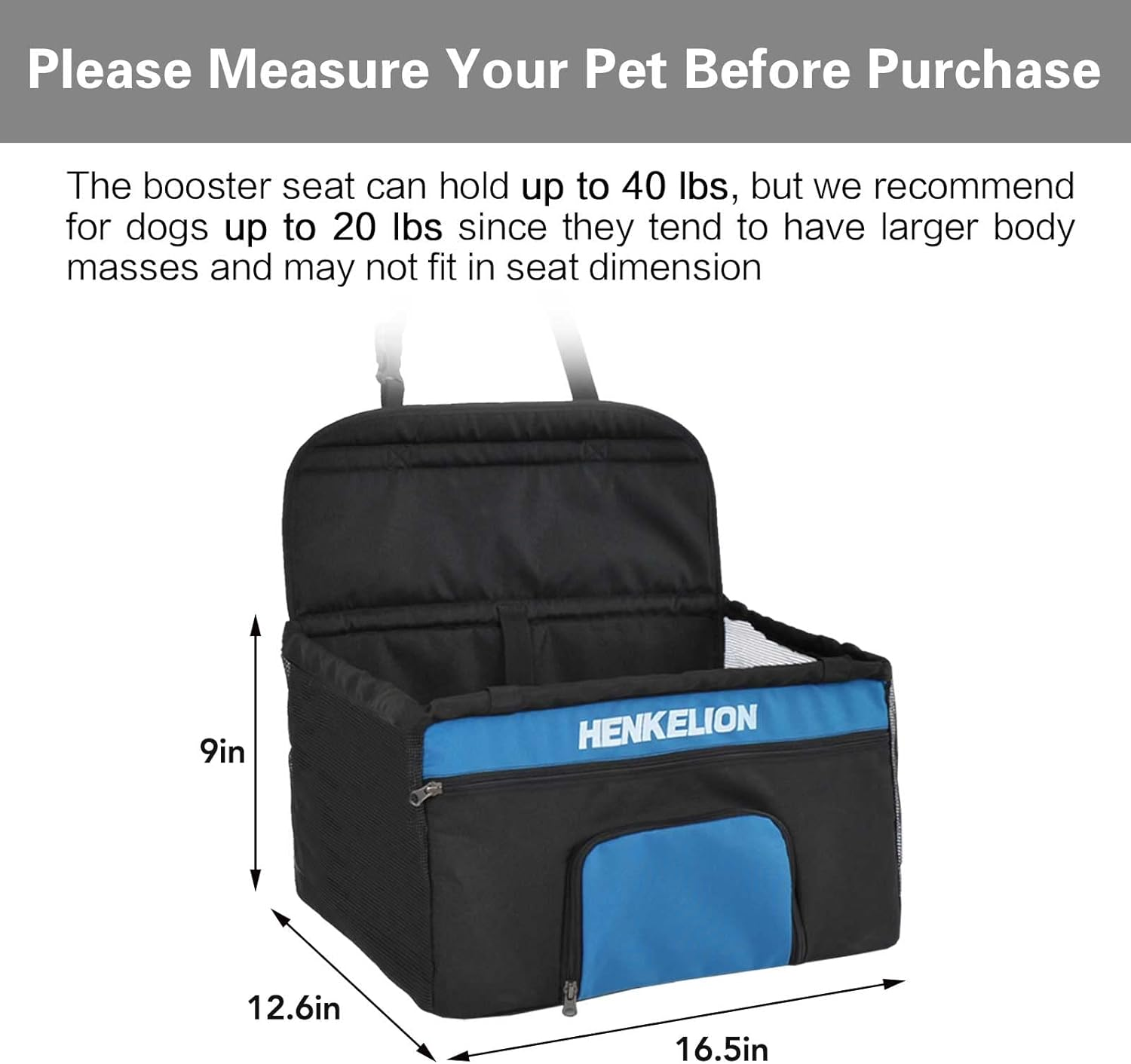 Henkelion Upgrade Dog Booster Seat Car Seat for Dogs Reinforce Waterproof Portable and Breathable with Seat Belt Clip-On Safety Leash and Zipper Storage Oxford Fabric for Travel Balck