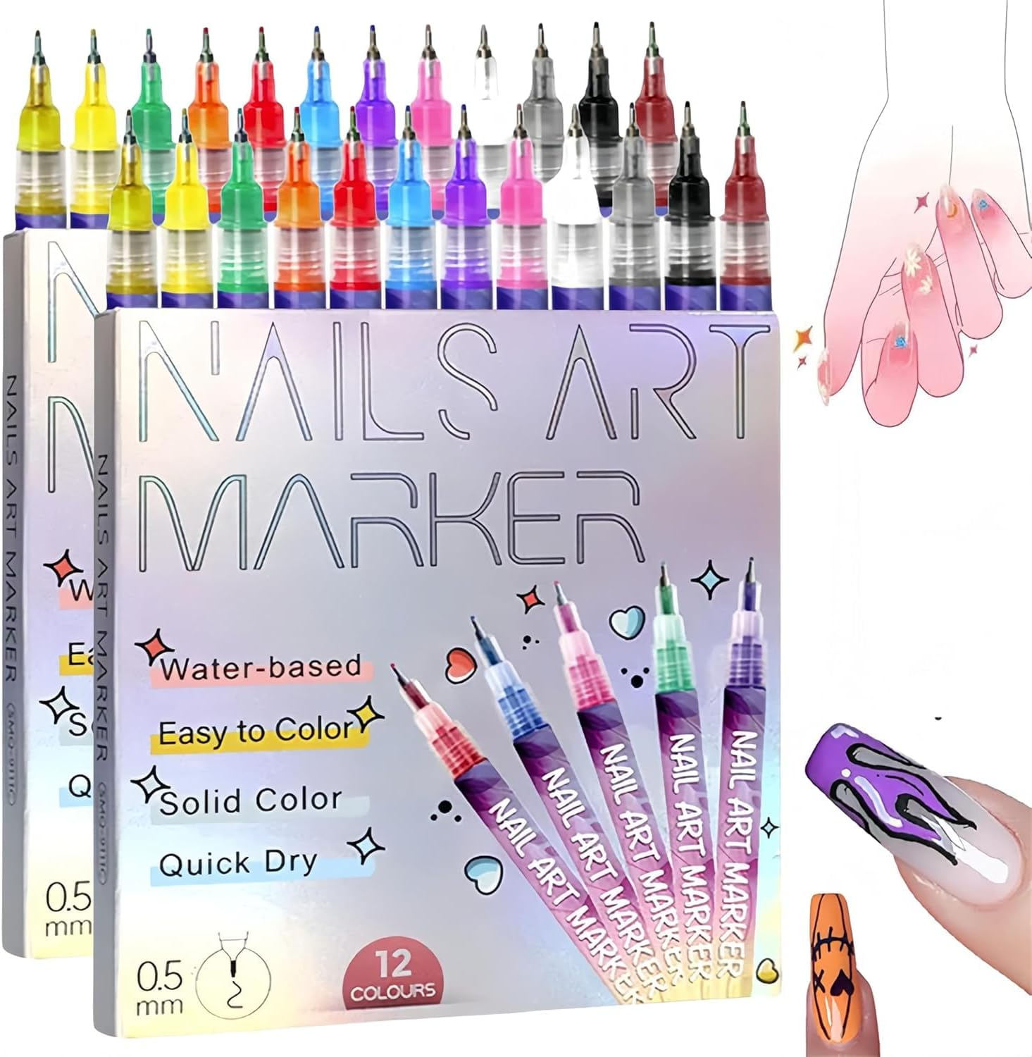Nail Art Pens 12 Colors, Water-Based Quick Dry Nail Art Markers for Painting, Drawing, Dotting, DIY Nail Design for Kids, Girls, Home Salon (24Pcs) image number 3