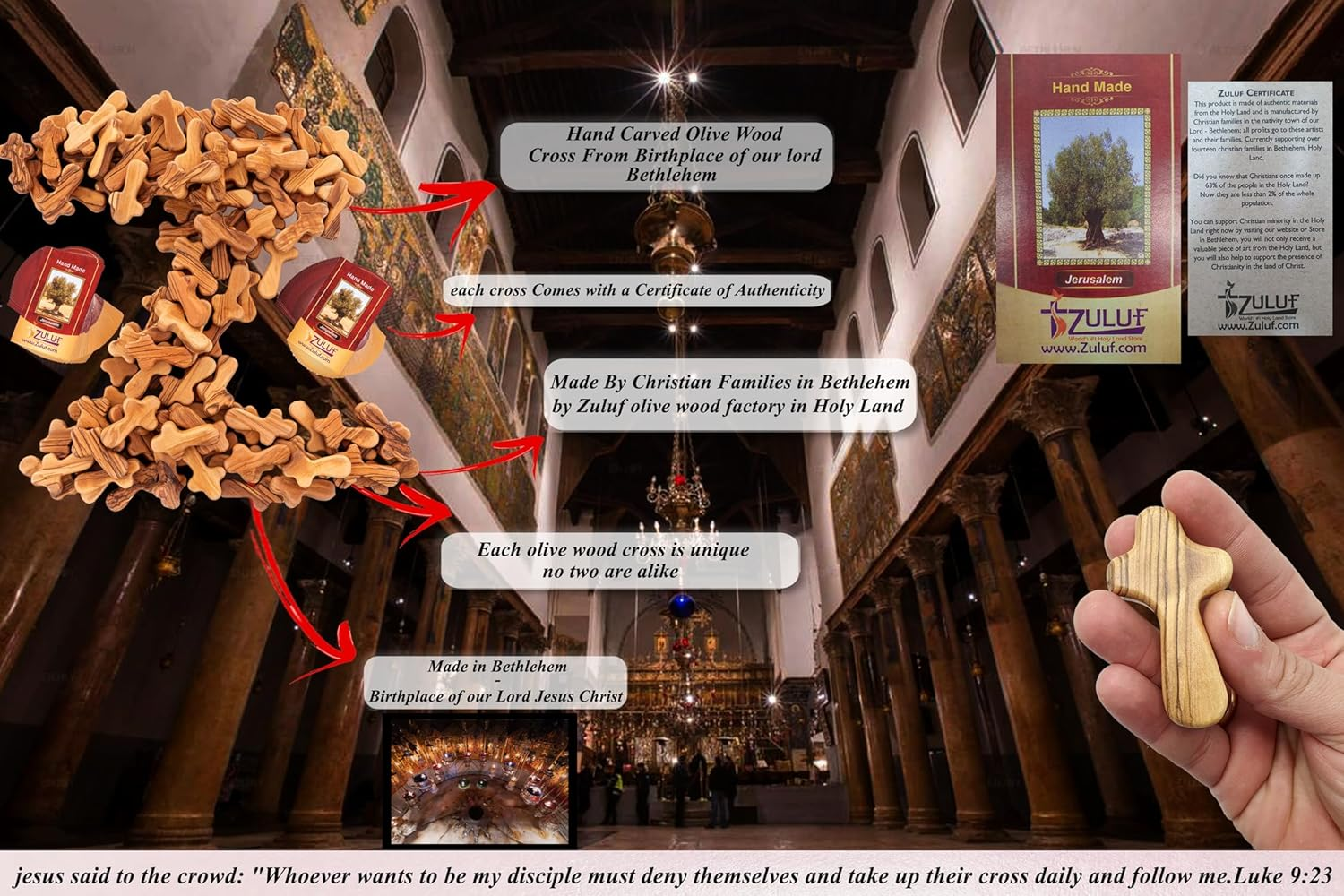 Zuluf 100 Small Olive Wood Comfort Crosses from Bethlehem Israel | Pocket Holding Crosses | Comes with 100 Holy Land Certificates 6Cm / 2.5 Inch Each Cross - CRS301 image number 6