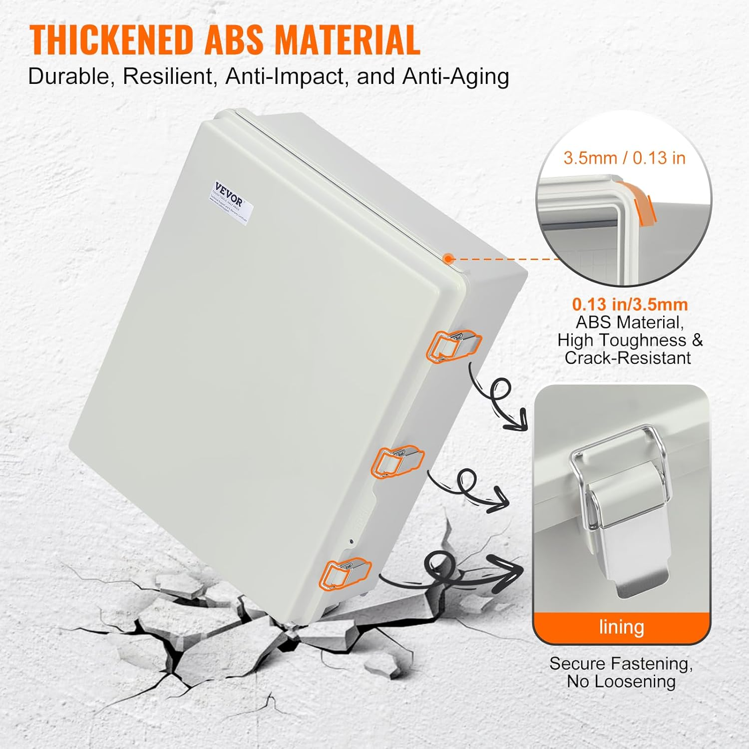 VEVOR Outdoor Junction Box, 350 X 250 X 150 Mm, ABS Plastic Enclosure with Hinged Cover Stainless Steel Latch, IP67 Dustproof Waterproof for Electrical Projects image number 1