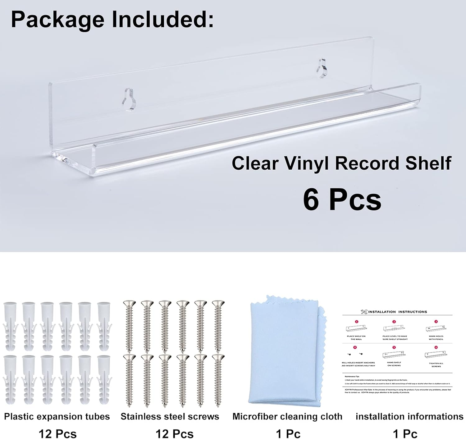 XOHYW Clear LP Vinyl Record Wall Mount Shelf, 6 Pack 12 Inch Acrylic Album Record Holder Display Rack, Floating Shelves Perfect for Style Office Home image number 4
