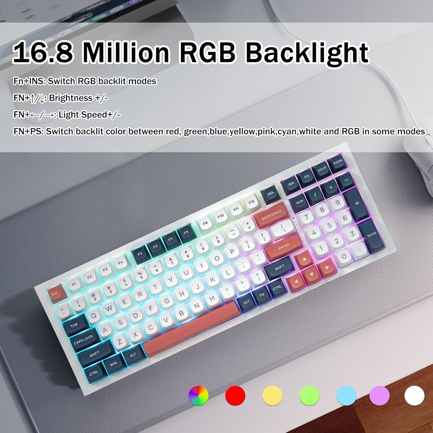 Redragon K723 Wireless Mechanical Gaming Keyboard, Hot Swappable Pre-Lubed Linear Switches, Gasket Design, Bluetooth/2.4Ghz/Usb-C, Creamy Sound, RGB Backlit for Pc/Mac/Ps/Xbox, White Blue - White-Grey image number 7