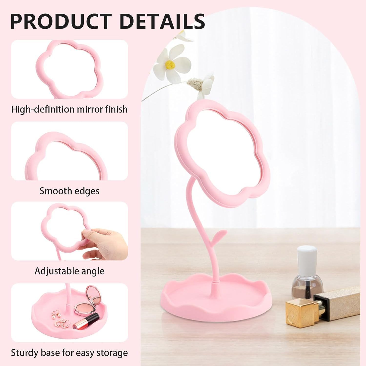 Roucerlin 9 Cm Flower-Shaped Makeup Mirror with Stand Set, 15 X Magnifying Mirror with Suction Cup and Tweezers, Table Mirror Pink for Bedroom, Living Room and Bathroom (Pack of 3) image number 5