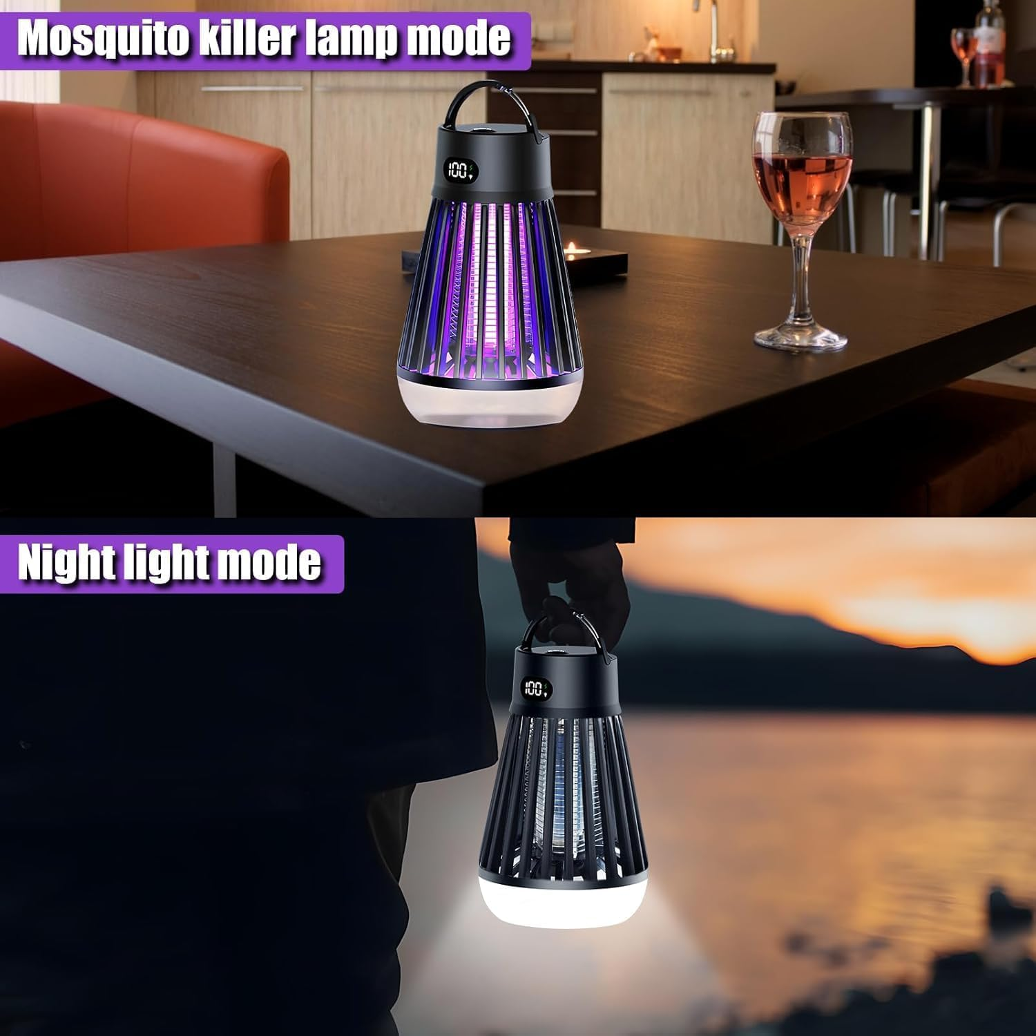 Rechargeable Mosquito Zapper &ndash; 2-In-1 Bug Zapper & LED Lantern, 2000V High Voltage Insect Trap, Silent & Safe for Indoor Outdoor Use, Camping, Garden, Patio image number 2