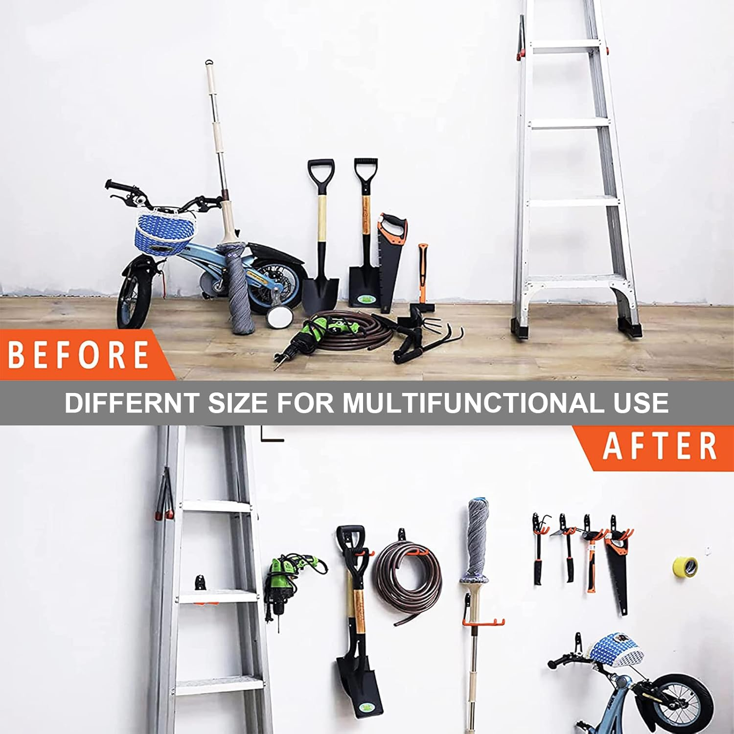 Sulishang 16 Pack Garage Hooks Heavy Duty, Utility Steel Garage Storage Hooks, Wall Mount Tool Organizer with Anti-Slip Coating for Garden Tools, Ladders, Bulky Items and More Equipment (Orange) image number 2