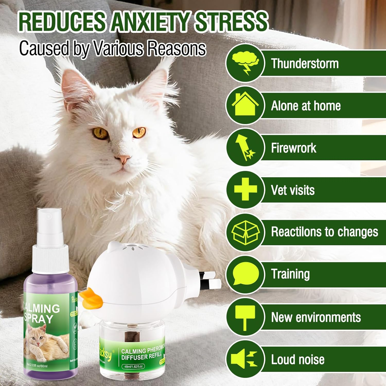 Cat Calming Pheromone Diffuser and Spray,Natural Stress-Reducing Formula for Cats,Promote Relaxation and Calmness,Easy to Use,Cat Stress Liquid,Au Diffuser(2 Refills+1 Spray) image number 1