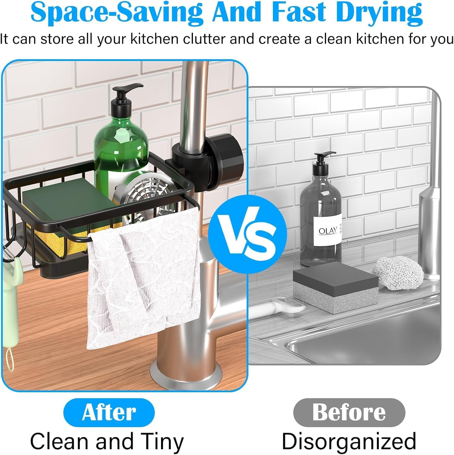 Space-Saving Adjustable over Faucet Organizer,Kitchen Sink Caddy Holder for Storage Dish Sponge,Towel,Fits 1.8-2.8Cm round Water Pipes (Secure Grip & No Drilling) image number 1