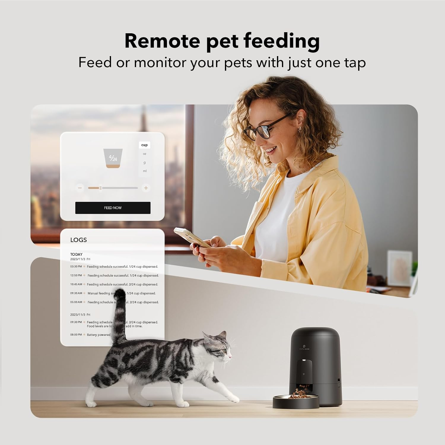 PETLIBRO Cordless Automatic Cat Feeder, Battery Operated, Wifi App Control, Air Smart Pet Feeder, Wireless & Compact Design, Dry Food Auto Dispenser with Timer, 30 Days between Charges