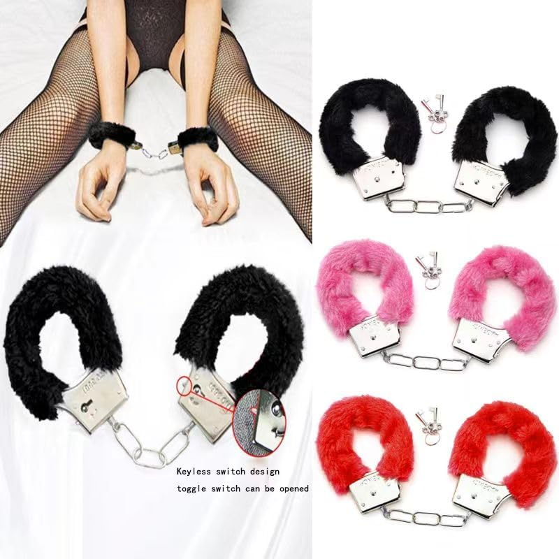 Sexy Plush Toy Handcuffs with Keys Police Costume Prop Accessories Party Supplies for Lover Couple (Black) - Black image number 4