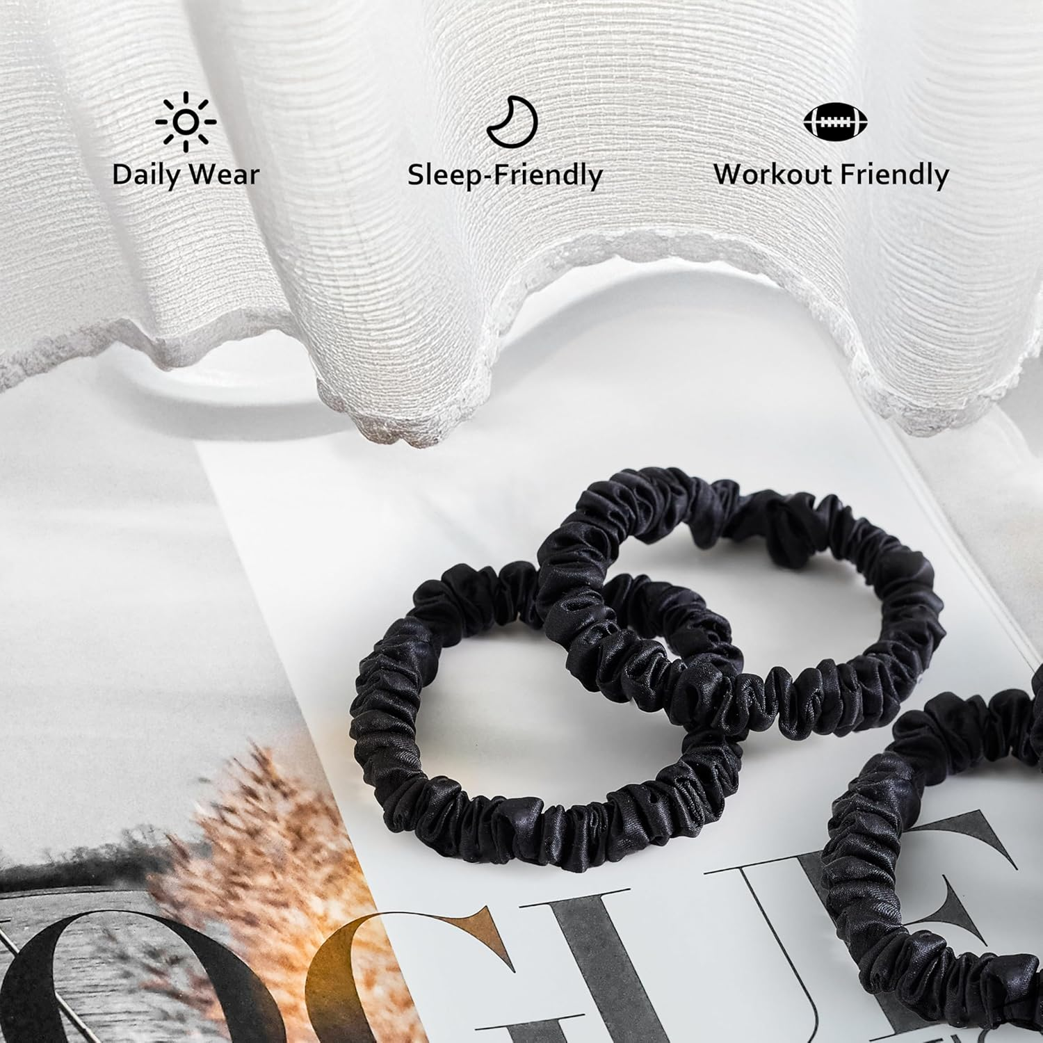 Townssilk Silk Skinnie Scrunchies 100% Pure 22 Momme Mulberry Silk Hair Ties for Women Hair Friendly Luxurious Elastic Scrunchies Set(5 Scrunchies Black) - 5Pc-5 image number 3