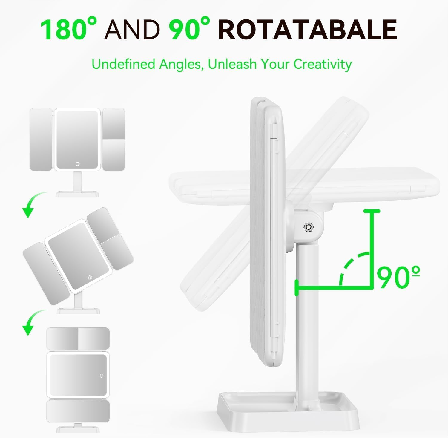 Vanity Makeup Mirror with 52 LED Lights, 3X/2X/1X Rechargeable Magnifying Mirror, Touch Screen Stepless Dimmable Color Adjustable Trifold Mirrors, 90&deg; Rotation Portable Cosmetic Vanity Mirrors image number 2