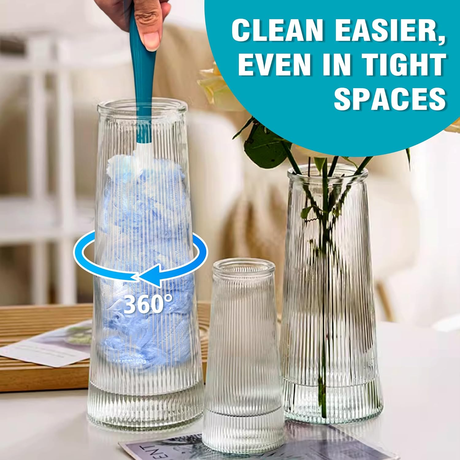 NEWE Duster Refills 20 PCS Compatible with Flash and Swiffer, Dust Magnet with 1 Handle, 360 Degree Heavy Duty Dusting Kit with 4X Microfibers for Cleaning Blinds Bookshelf Furniture image number 5