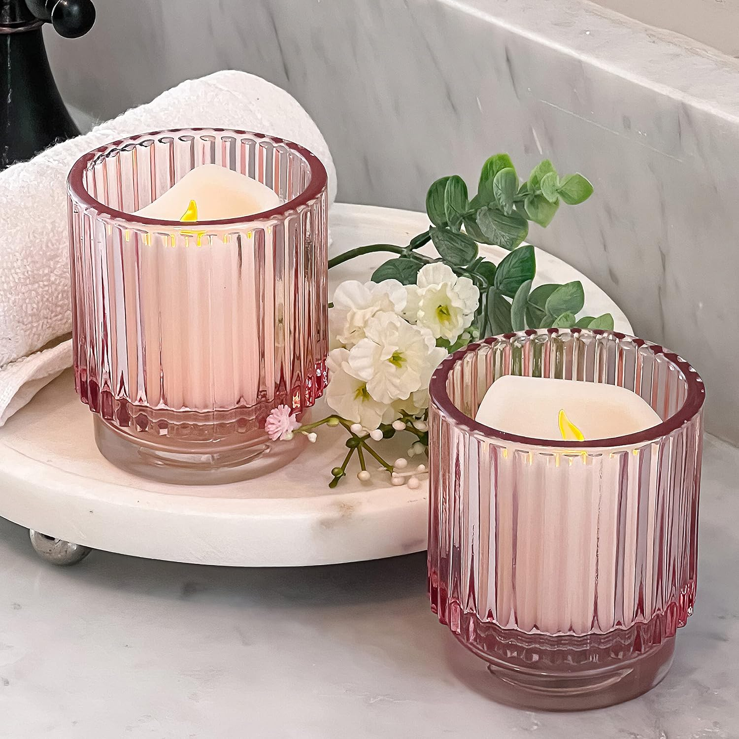 Kate Aspen Blush Pink Vintage Ribbed Glass Tealight Votive Candle Holders by (Set of 6), Pink Decor, Boho Decor, Shelf Decoration, Rose Gold Look | Perfect Hostess Gift image number 5