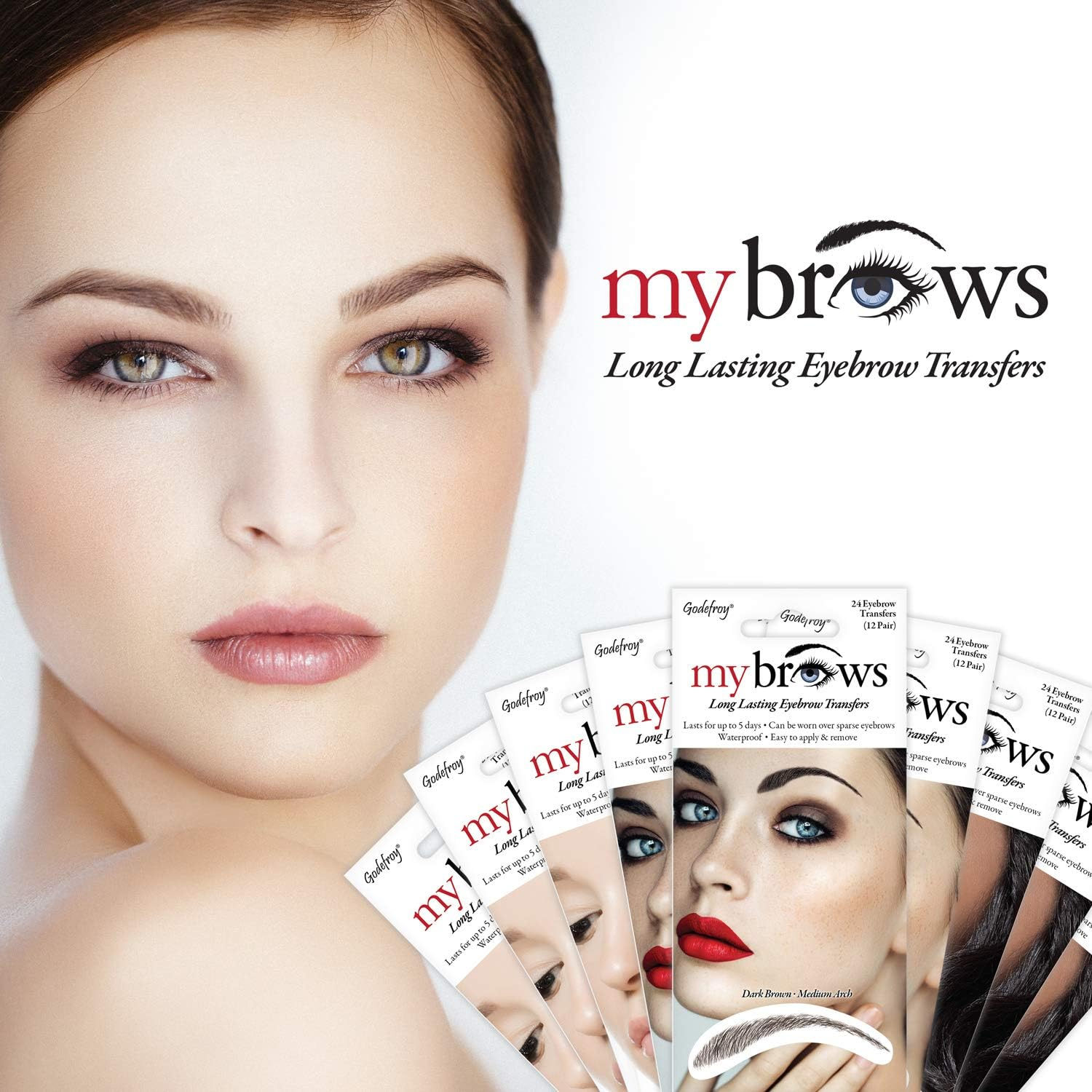 Godefroy Mybrows Long Lasting Eyebrow Transfers, Medium Arch, Medium Brown, 12-Pairs of Brows