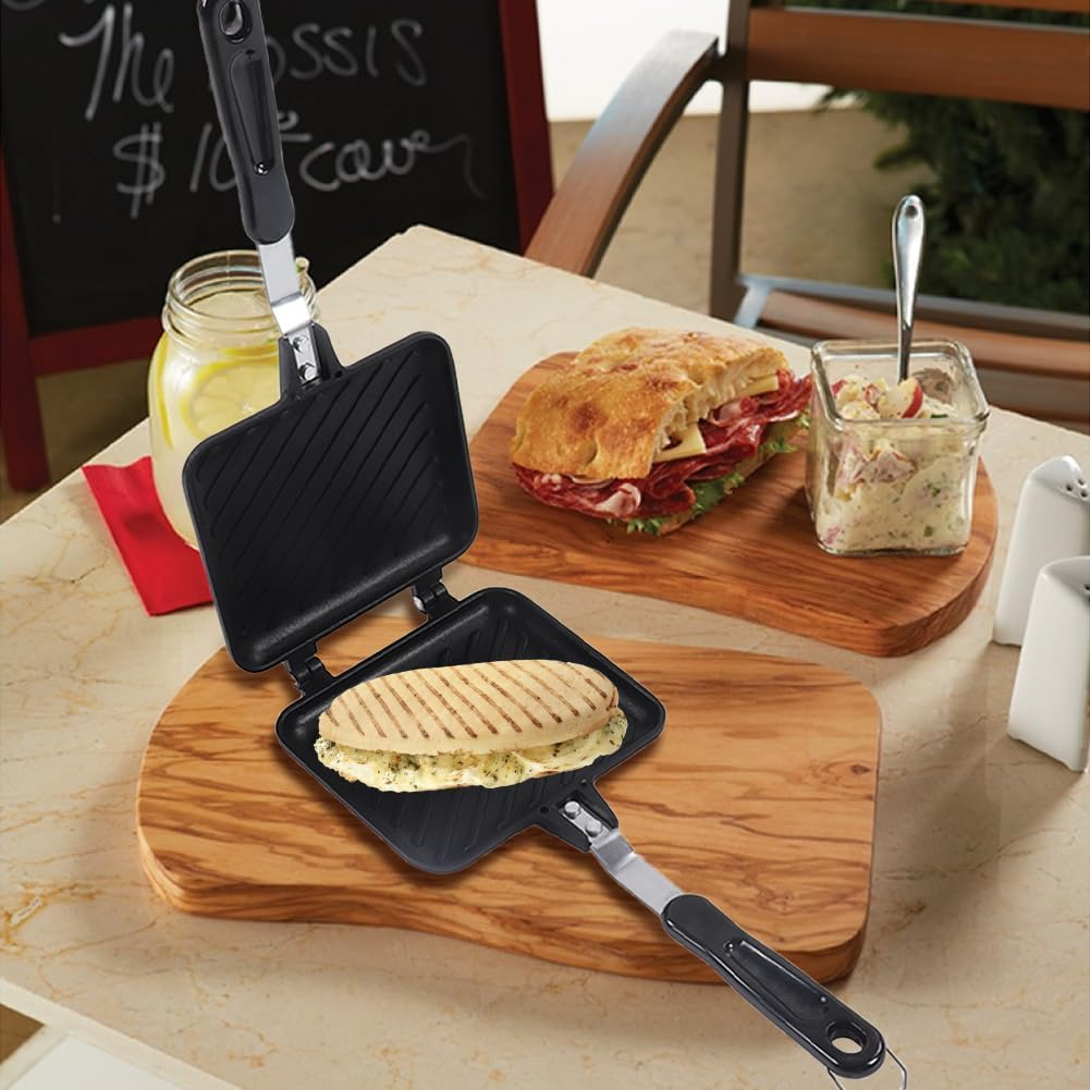 Lwuey Stovetop Sandwich Maker, Grilled Sandwiches Panini Maker Pan with Non Stick Plates Aluminum Flip Double Sided Pan Toasted Frying Pans Press Baking Pot Toaster Grilling Breakfast Home Kitchen image number 3