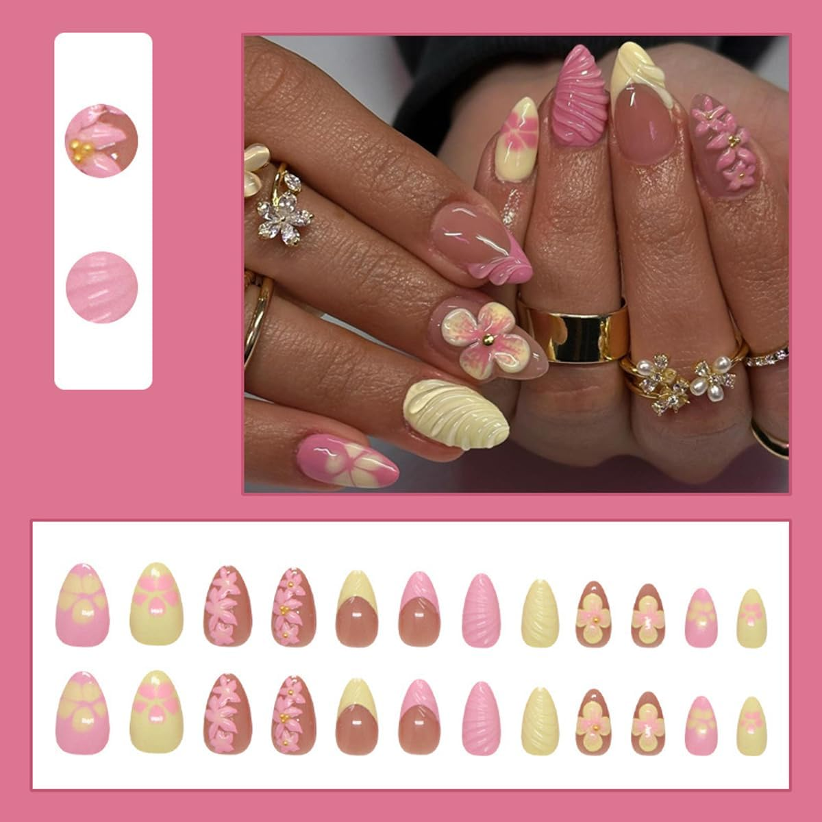 LYMCY Press on Nails, 3D Summer Frost Ombre Nails - Icy Flower Gradient, Artificial Nails for Women and Girls -24 Pcs image number 5