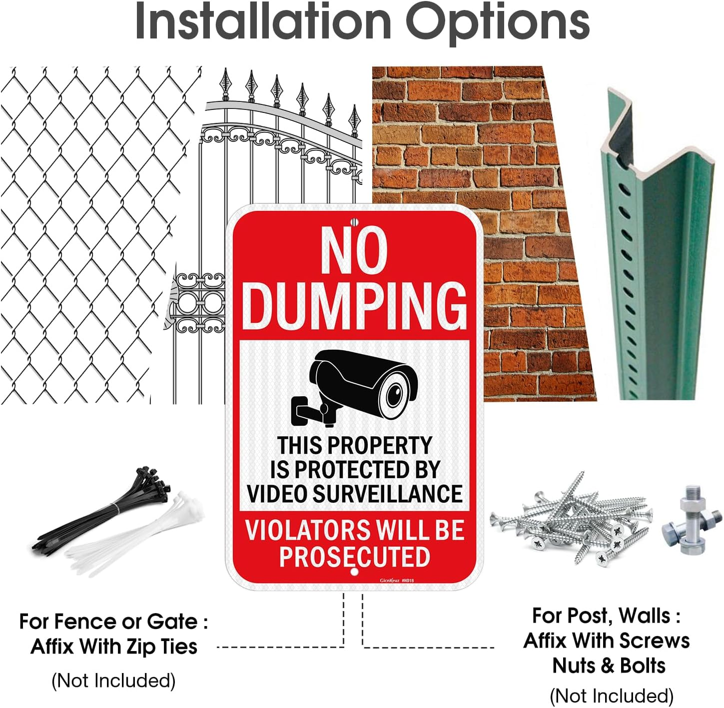 Gicnkeuz Large No Dumping Signs Private Property, 18 X 12 Inches Video Surveillance Protected, Violators Will Be Prosecuted Signs, Engineer Grade Reflective Aluminum, Fade Resistant, Easy to Mount （2 - Pack） image number 3