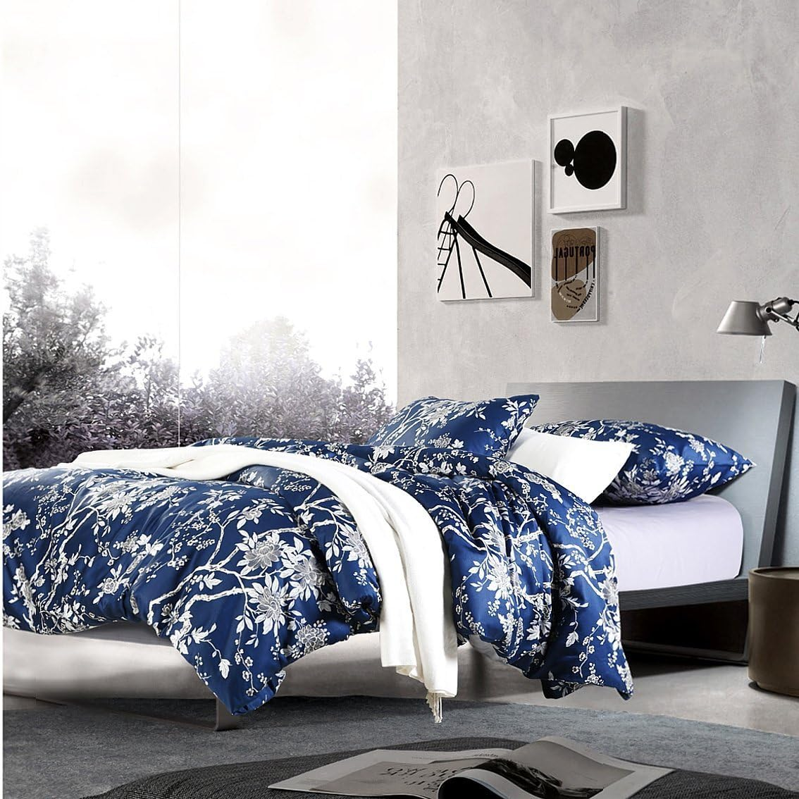 Eastern Floral Chinoiserie Blossom Print Duvet Quilt Cover Navy Blue Tan White Asian Style Botanical Tree Branches Ornamental Drawing 400TC Egyptian Cotton 3Pc Bedding Set (King)