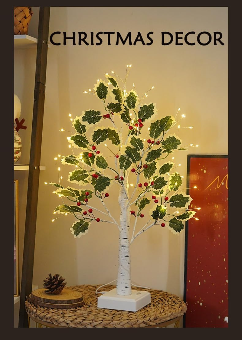 2FT Fairy Lights Birch Tree 72 LED Tree Lamp with Timer for Easter Christmas Decorations Light Spirit USB or Battery Powered Branch Lighted Trees Indoor Outdoor (72 LED, Green Tree with Berry Decor) - White image number 2