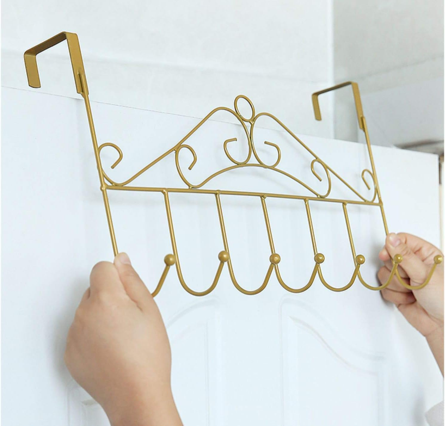 Eywlwaar Gold over the Door Hooks 7 Hanger Rack Heavy Decorative Metal Rack for Home Use Hats Coats Key Bag Clothes Scarfs Hooks (Golden)