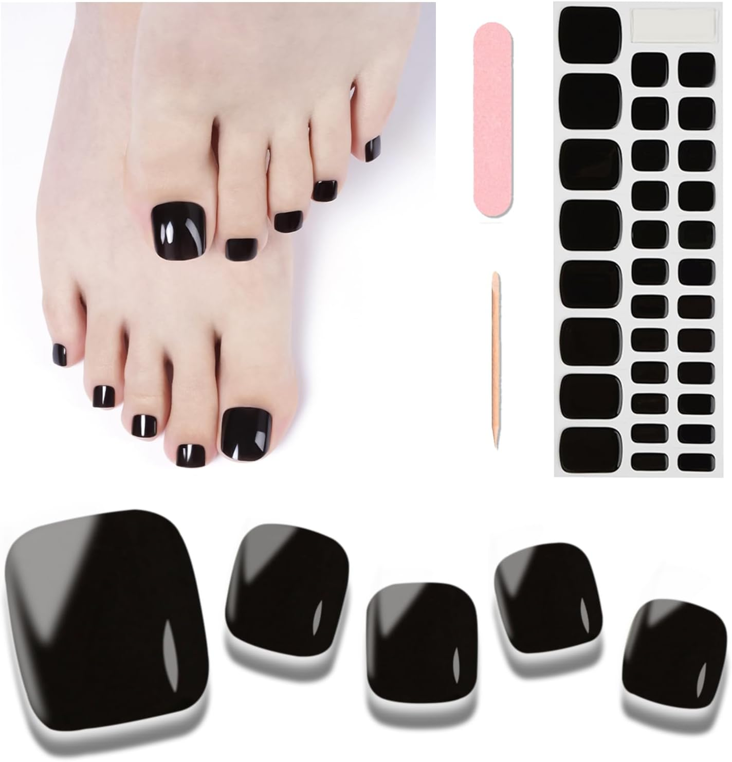Wekcekcek Semi Cured Gel Toenail Strips, 32 Hazy Dark Night Toenail Stickers Pedicure Strips Salon Quality Nail Wraps with Nail File & Wood Stick(Uv/Led Lamp Required)