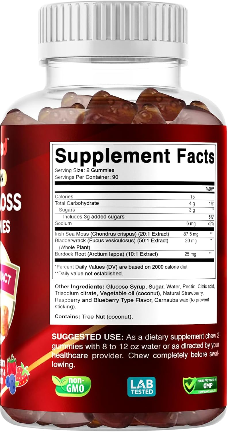 Vitabod Irish Sea Moss Gummies - 3000 Mg - 180 Vegan Gummies - Made with Bladderwrack & Burdock Root - Seamoss Supplement for Thyroid, Energy, Immune Support image number 1