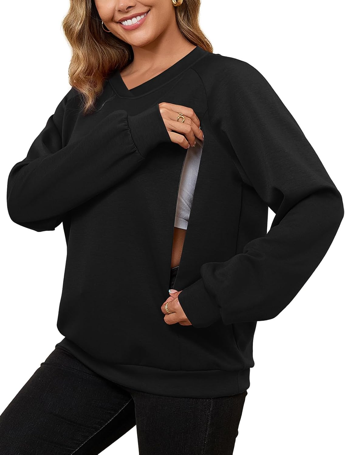 Bhome Nursing Sweatshirt Long Sleeve V Neck Breastfeeding Shirts Zipper Maternity Pumping Tops Pregnancy Sweater Pullover