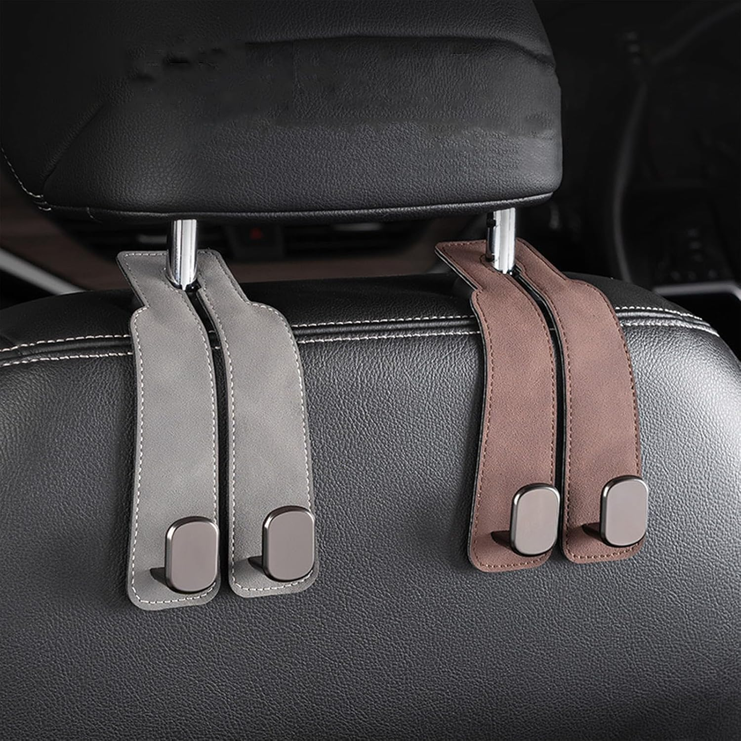 Car Seat Headrest Hook, 2 Pack Leather Car Seat Storage Hanger for Purses and Bags, Car Organization Accessories (2, Black) - Brown image number 6