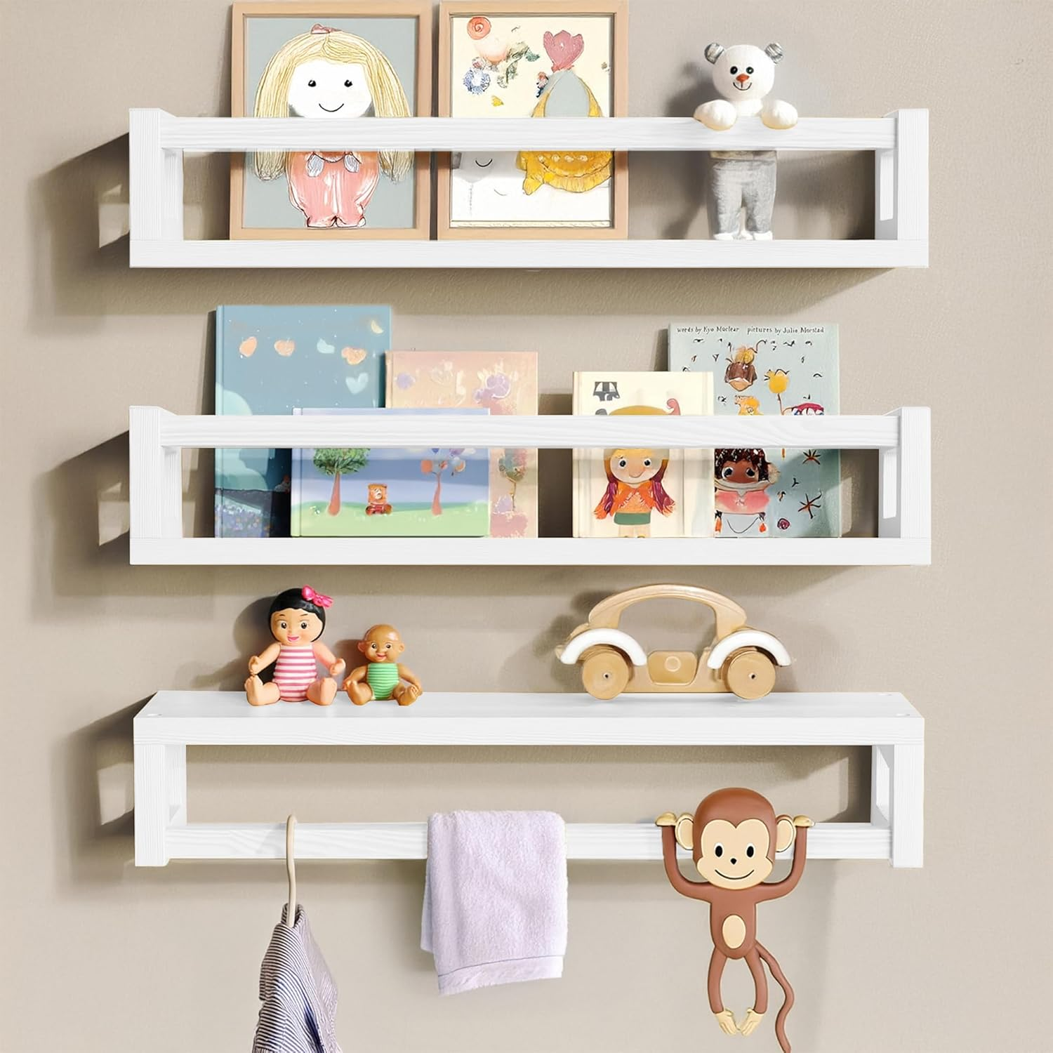 Floating Nursery Kids Book Shelves for Wall Set of 4, Wall Mounted Natural Solid Wood Furniture Bookcase Decor Storage Organizer Shelf for Bedroom Kitchen Bathroom Living Room (4, Natural)