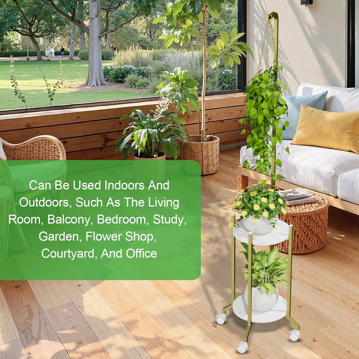 Plant Stand Indoor, 2 Tier Hanging Tall Plant Shelf with Wheels, 3 Potted Corner Flower Stand Metal Plant Holder, Plant Shelves for Living Room, Bedroom, Patio, Outdoor, Black (White-Glod) image number 4