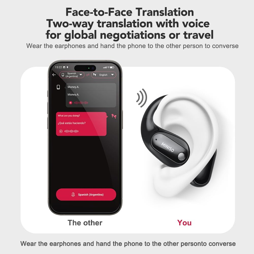 MINISO MS190 AI Translation Earbuds Real Time, 135 Language Translator Earbuds with APP, Open Ear OWS Translating Headphones, Audifonos Traductores Ingl&eacute;s Espanol Fit Ios and Android image number 4