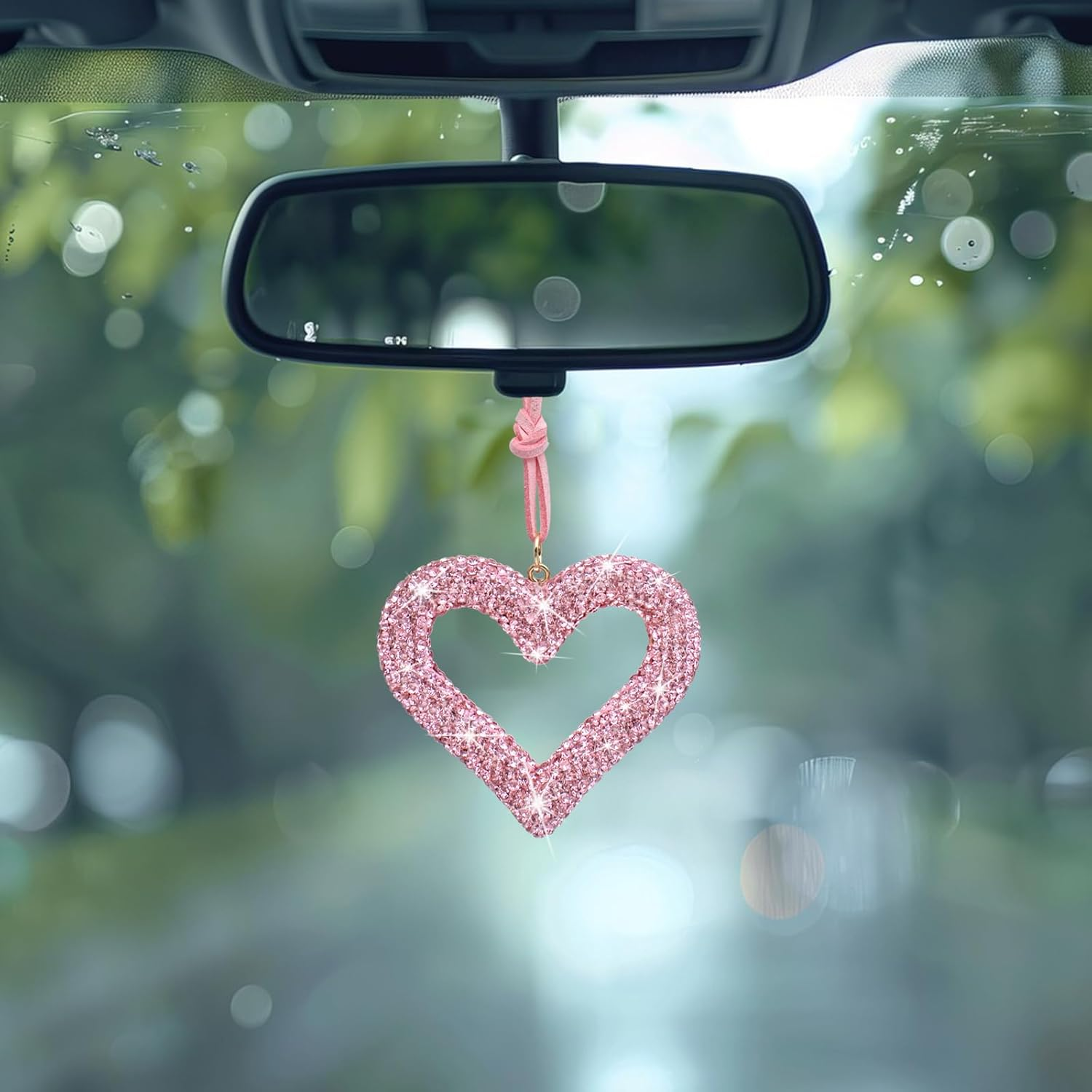 2Pcs Rear View Mirror Accessories, AIFUDA Bling Heart Car Hanging Accessories Crystal Rhinestone Auto Interior Hanger Decoration for Women Girls(Black,Pink) image number 6