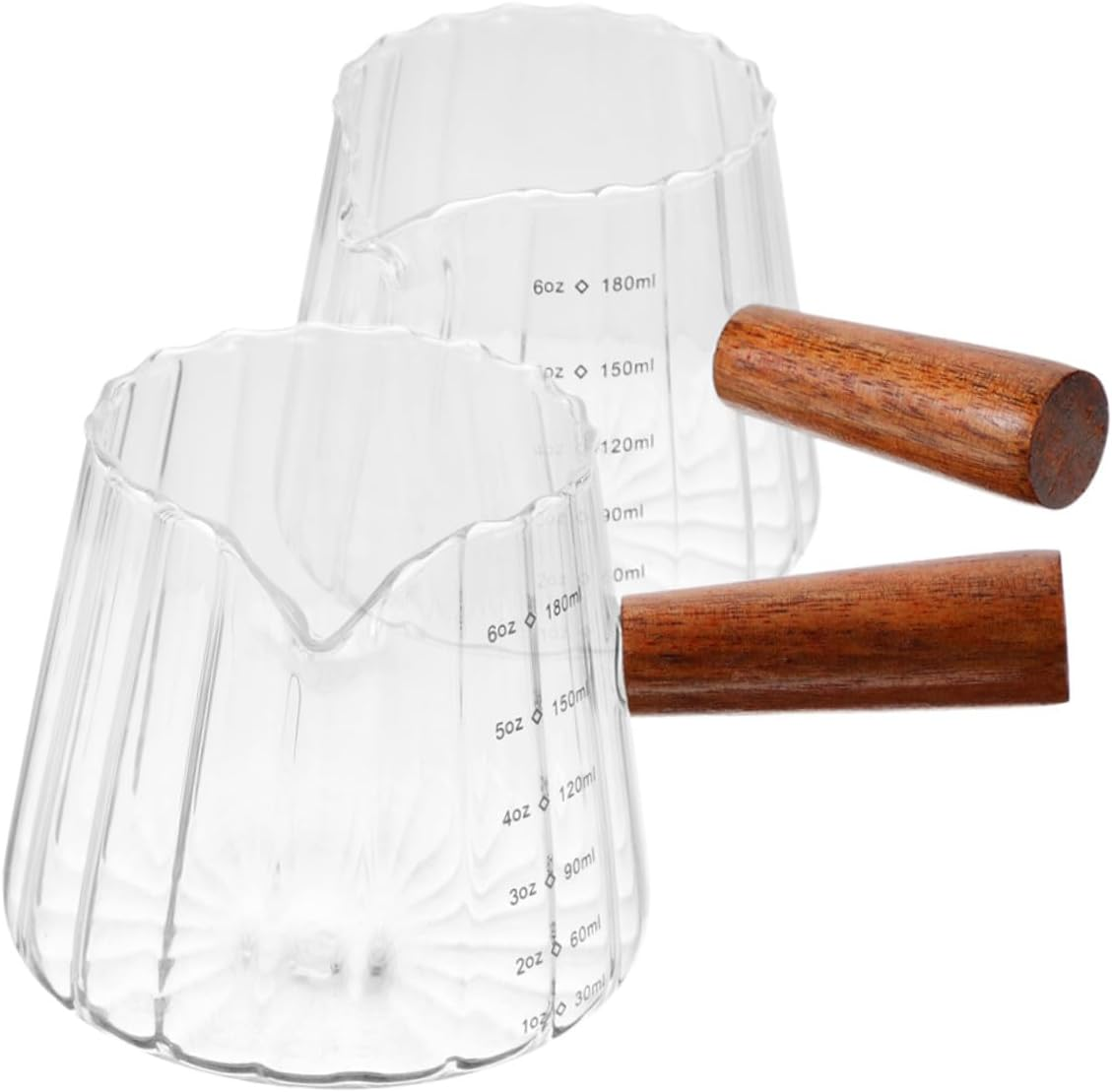 GLEAVI 2Pcs Glass Espresso Measuring Cups with Wooden Handle Milk Frothing Pitchers for Coffee Portion Control Heat-Resistant Mixing Jugs for Home Bar image number 6