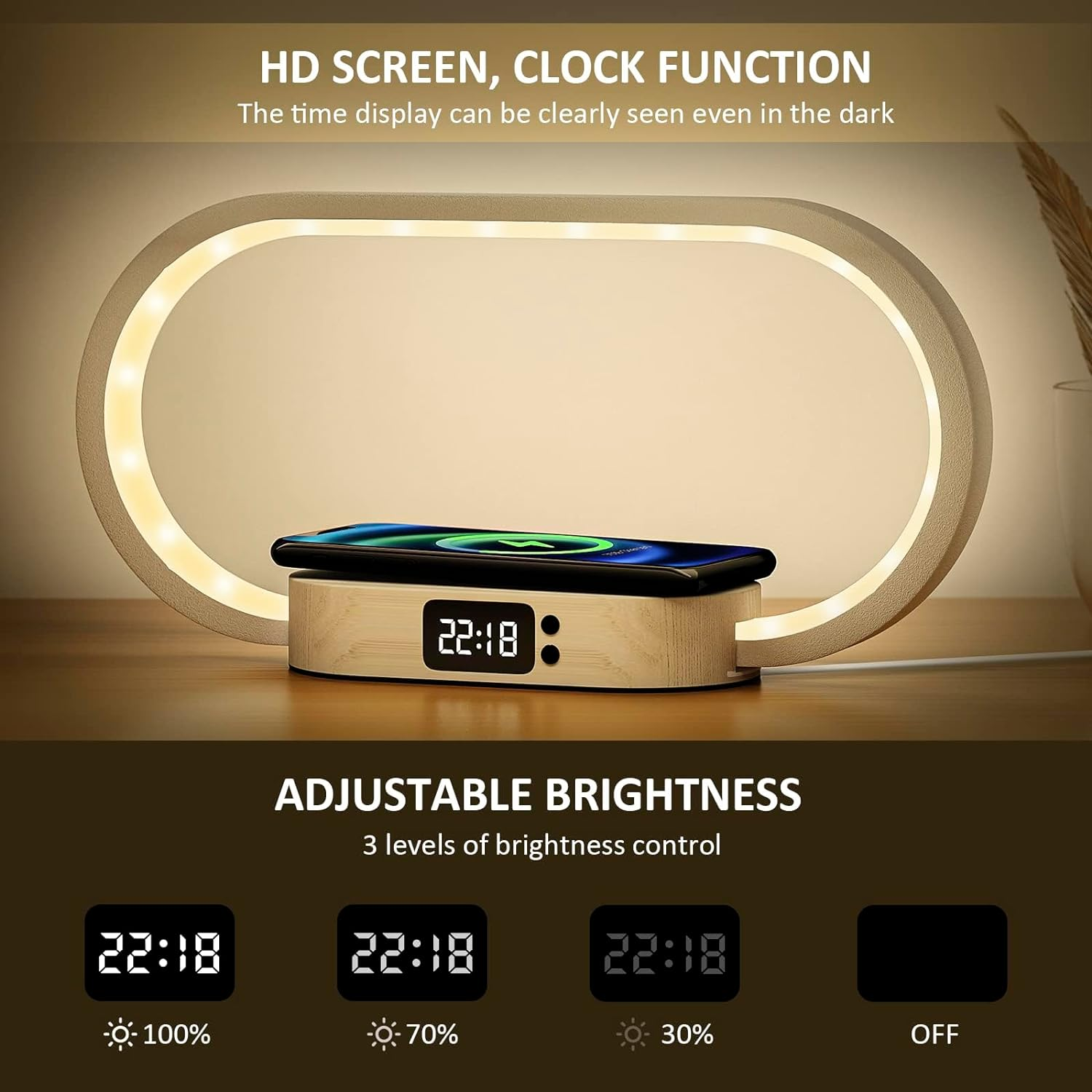 Anyuainiya Bedside Table Lamp with Wireless Charger, Touch Control LED Night Light with Clock & USB Charging Port, 5 Color Modes Dimmable Table Lamp Wooden Small Modern Nightstand Lamp Desk Lamp Gift image number 6
