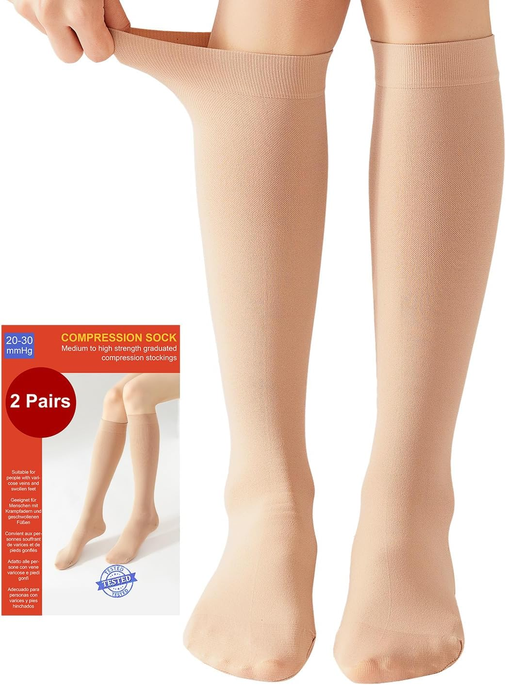 2 Pairs of Medical Compression Stockings for Men and Women, 20-30 Mmhg, Class 2, Closed Toe, Graduated Support, Support Stockings for Varicose Veins, Edema, Flight, 2 X Beige, Medium