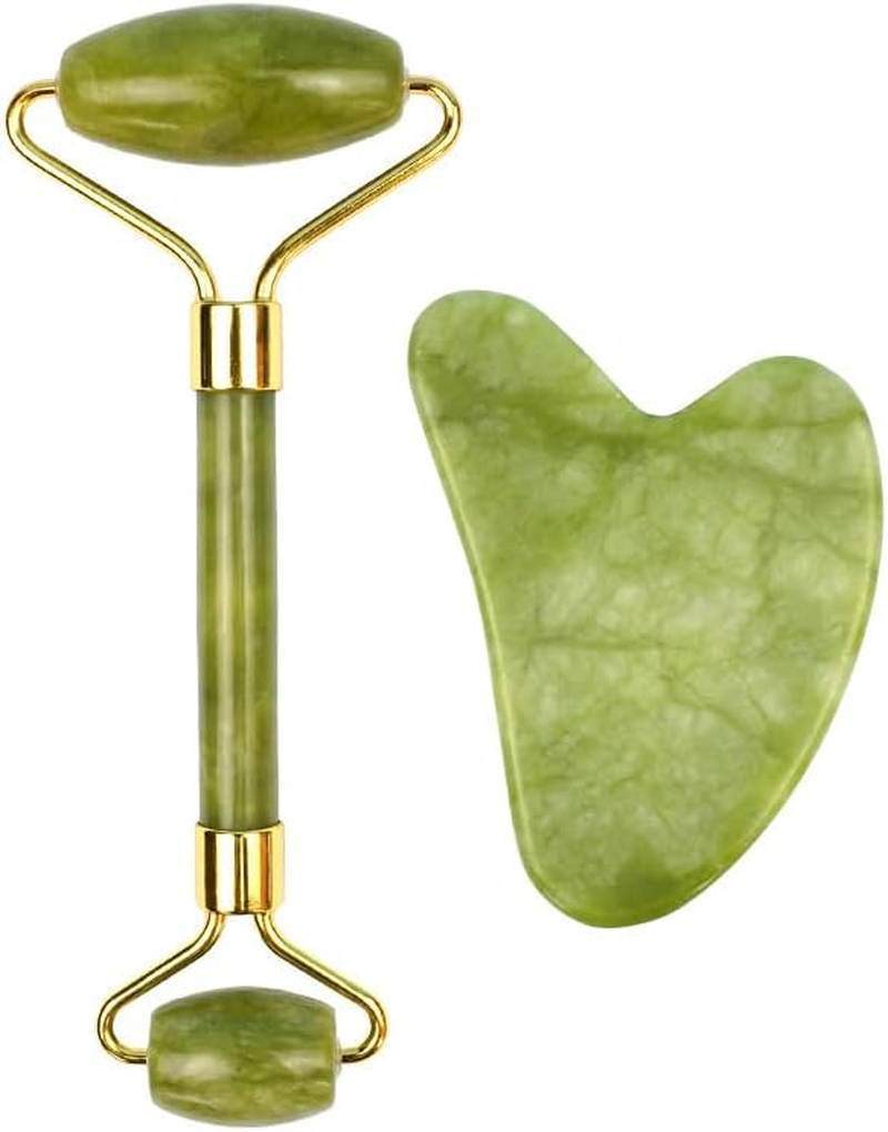 Jade Roller and Gua Sha Set - Jade Stone Face Roller, Dual Sided Massage Roller Stimulates Blood Flow, Relieves Stress (Green, One Size) image number 4