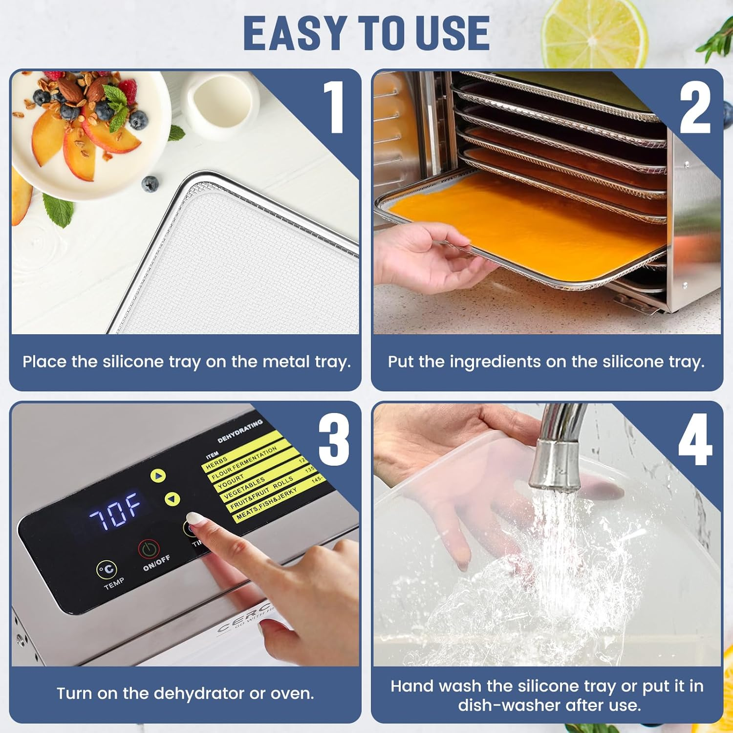 6 Pack Silicone Dehydrator Trays for Liquids, Fruit Leather Trays for Dehydrator, Non-Stick Silicone Dryer Mats with Edge,Reusable Dryer Sheet for Jerky, Fruit, Meat, Herbs (11 * 11&Prime;) image number 4