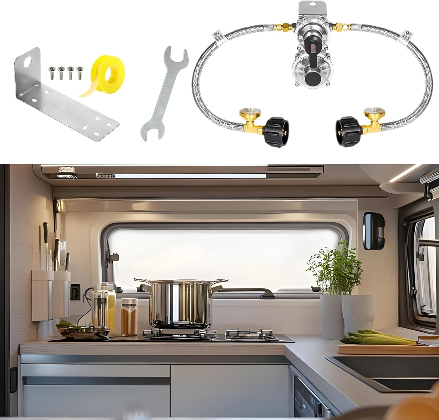 2 Stage Propane Regulator | Trailer Propane Regulator with 18 Inch Hose - Automatic Changeover 2-Stage Adapter with Gauge for Travel House Grill Trailer image number 1