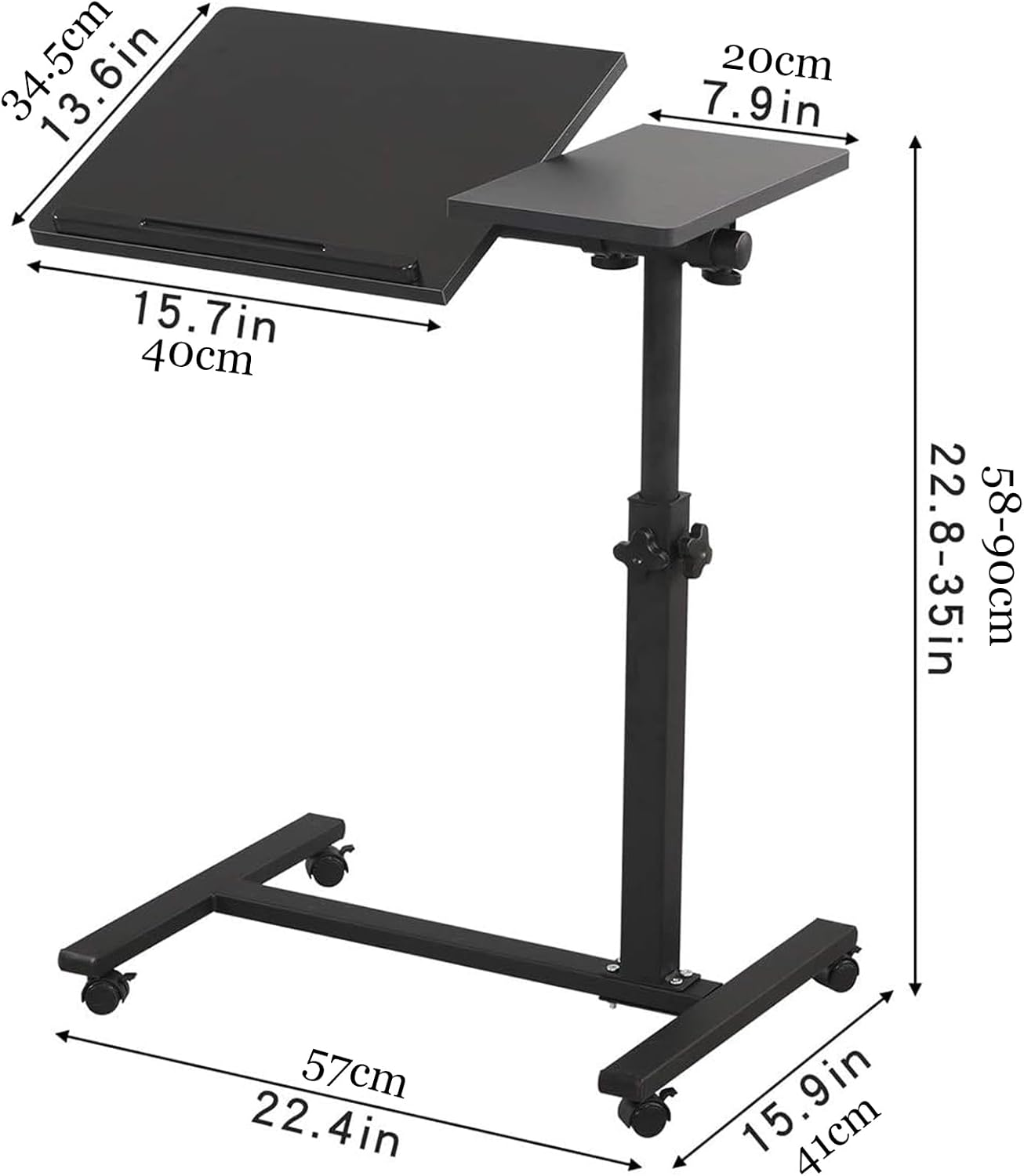 Rolling Laptop Stand Desk, Adjustable Height Mobile Laptop Cart Desk with Wheels, 60 * 35 * 90Cm, Black ﻿ image number 2