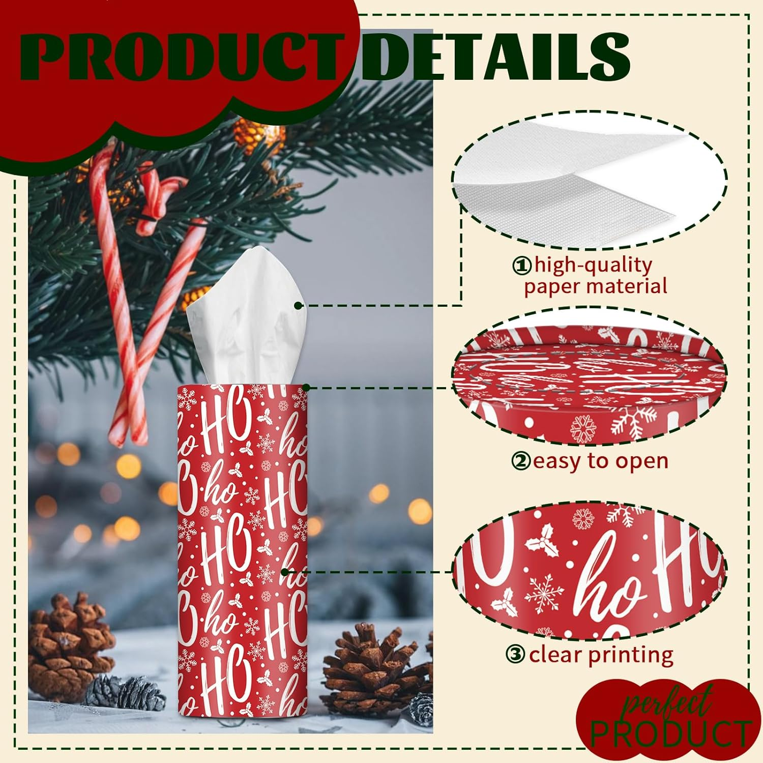 Christmas round Car Tissue Holder - Festive Bulk Facial Tissues, Holiday Decor for Cup Holders - Set of 4 Decorative Cylinders (Snowflakes, Ho Ho Ho, Candy Cane Stripes, Holiday Icons) image number 1