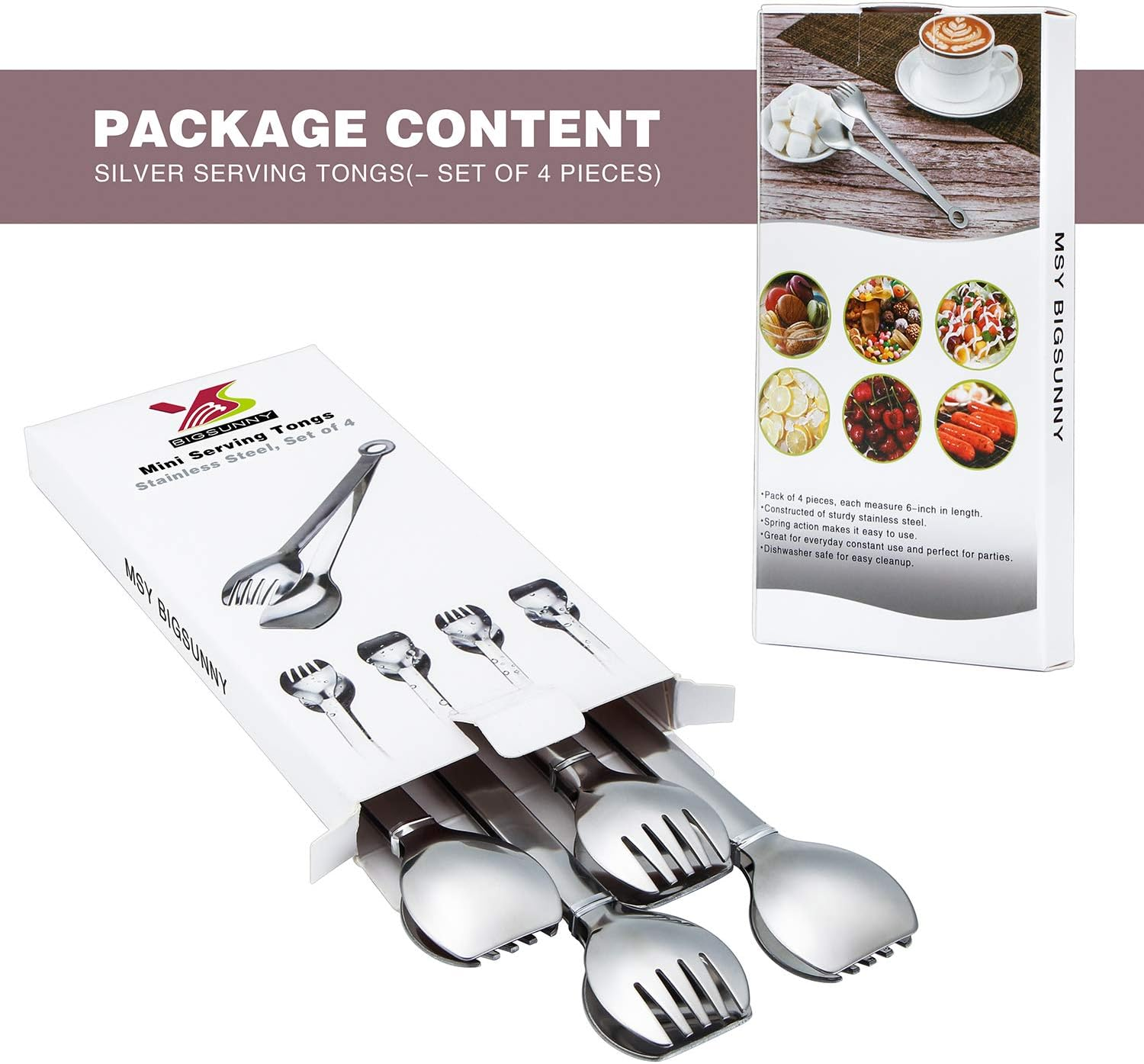 MSY BIGSUNNY Premium Stainless Steel Small Serving Tongs - 6 Inches, Set of 4