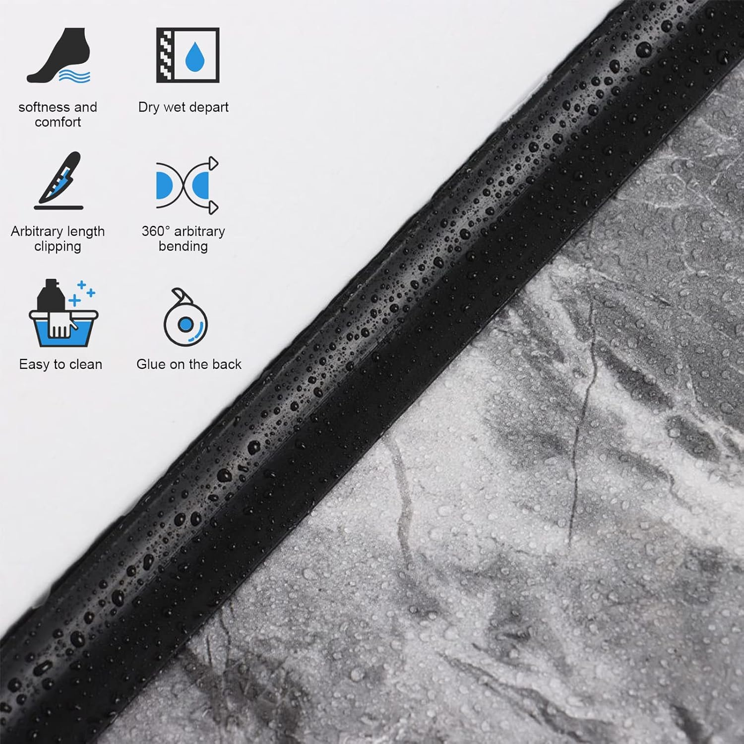 Shower Threshold Water Dam, Flexible Self Adhesive Silicone Sink Cooktop Water Barrier, Waterproof Water Strip Dam for Kitchen, Bathroom (150Cm, Black) image number 4