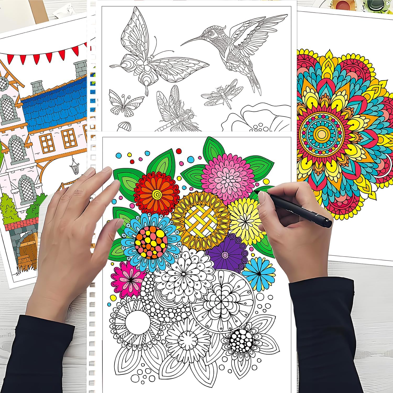 Aannanl Adult Colouring Book Set of 3 Colouring Books for Adults Relaxation Include Mandalas,Flowers and Fairytale House Theme,Coloring Books for Women Men to Relieve Anxiety and Stress Relief image number 4