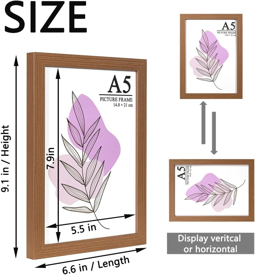 Baoee Set of 3 Brown A5 Photo Frames with Mount Acrylic Glass Poster Frame Certificate Frame Free Standing Wall Mounted image number 2