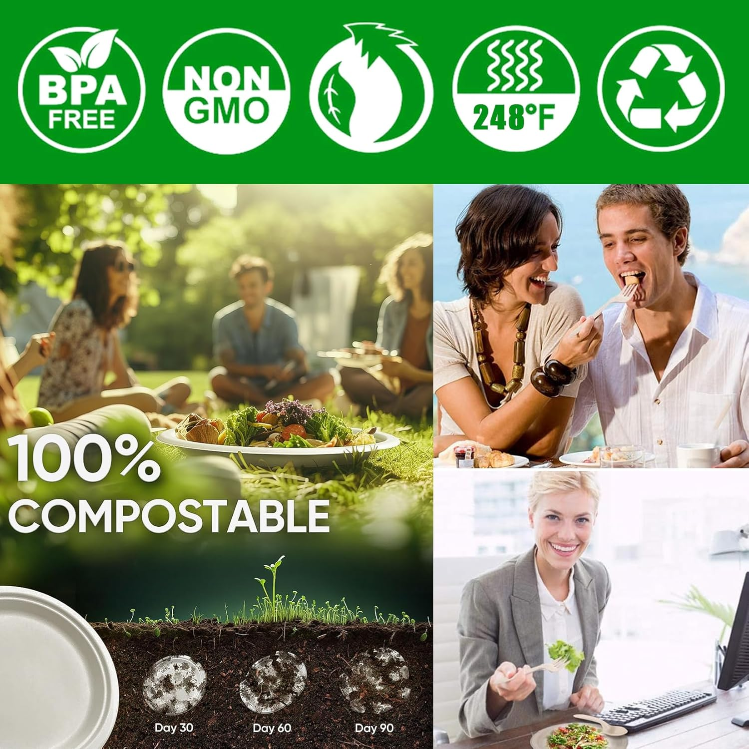 Disposable Paper Plates 10 Inch Compostable Plates 50 Pack Biodegradable Surgarcane Fiber Dinner Plates (10 Inch Plates) - 9 Inch Plates image number 3