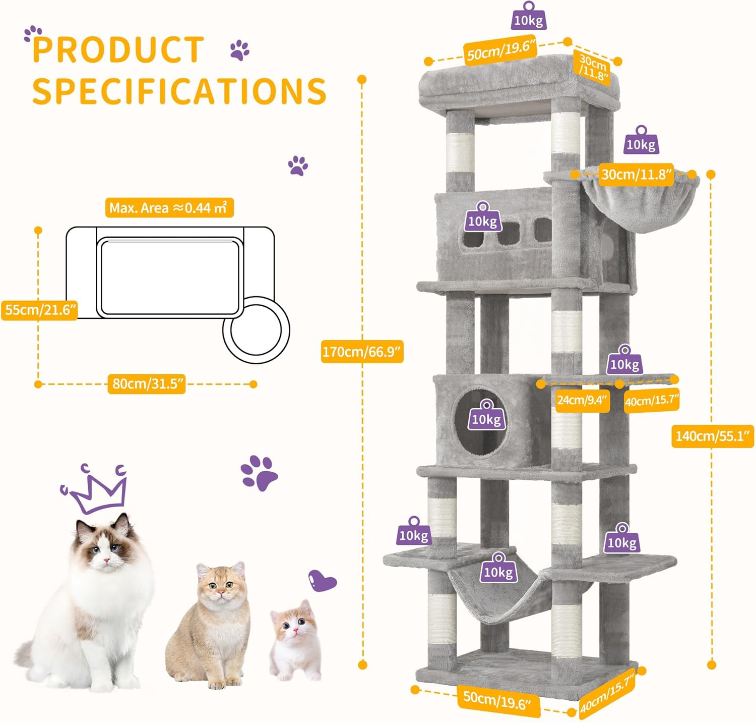 Hzuaneri 170 Cm Cat Tree for Indoor Cats, Large Tall Cat Tower, Multi-Level Cats House with Condo, 8 Scratching Posts, Hammock, 4 Pom Poms, Light Grey MS17018LG image number 1